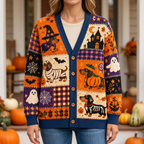Female model wearing the Halloween dachshund cardigan