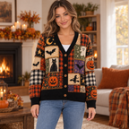 Female model wearing the Halloween patchwork cardigan