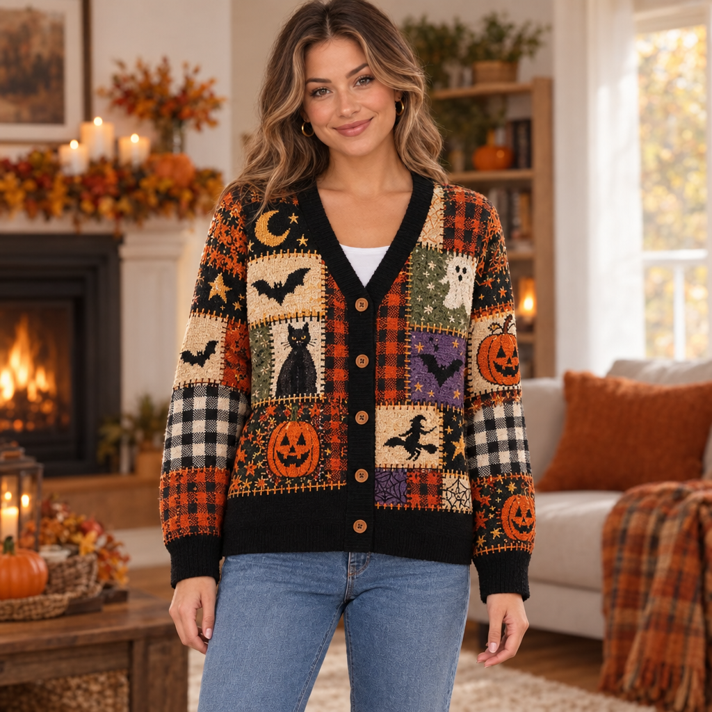 Female model wearing the Halloween patchwork cardigan