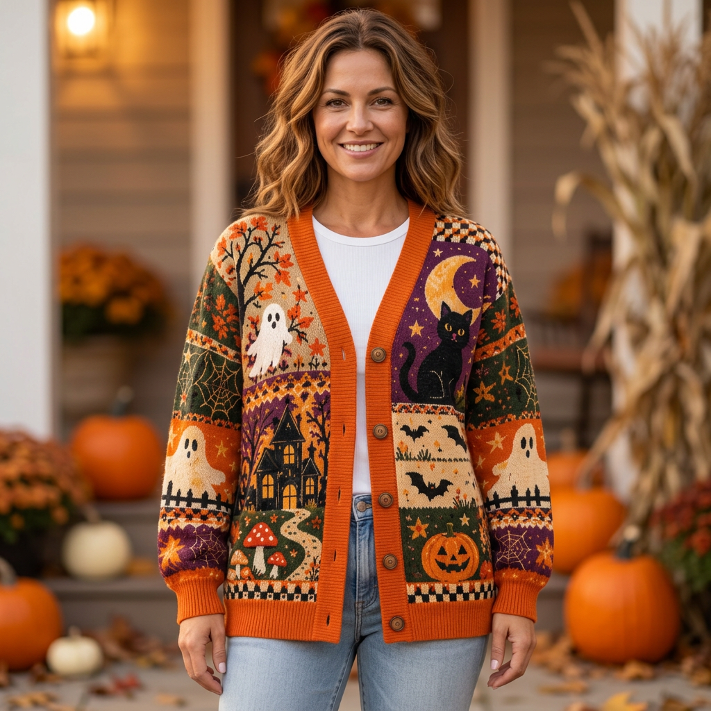 Female model wearing the Halloween patchwork cardigan