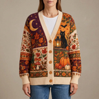 Female model wearing the Halloween patchwork cardigan