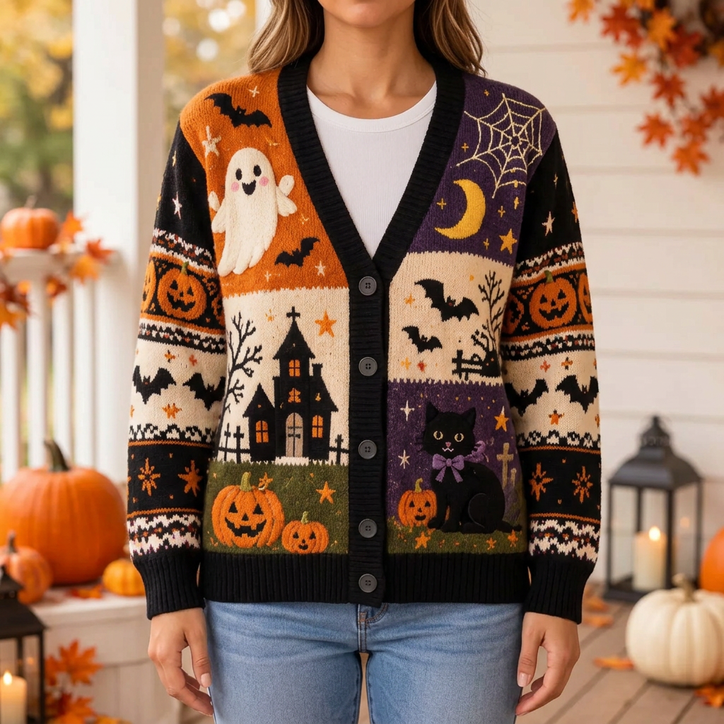 Female model wearing the Halloween patchwork cardigan