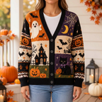 Female model wearing the Halloween patchwork cardigan