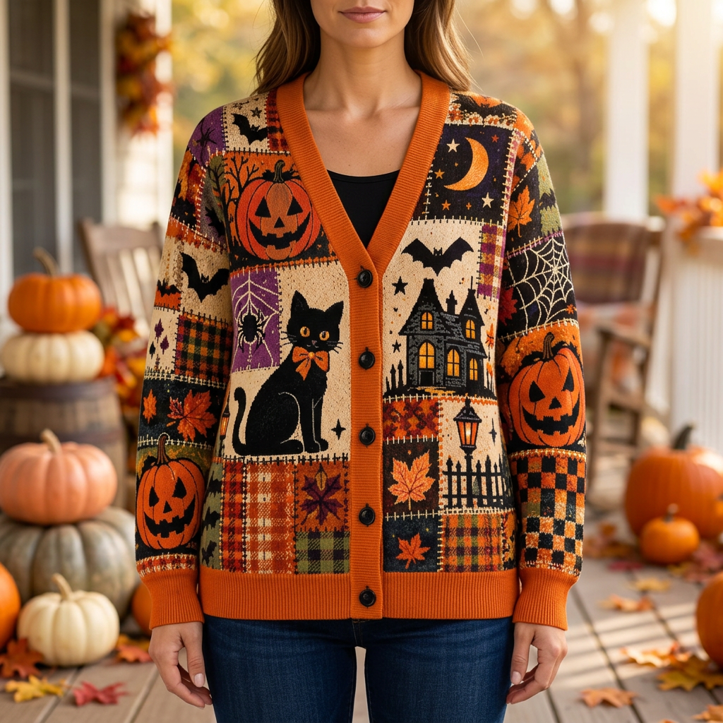 Female model wearing the Halloween patchwork cardigan