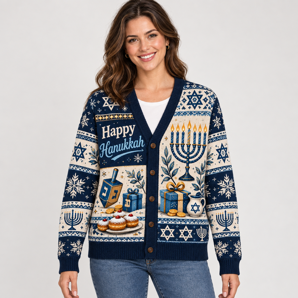 Female model wearing the Hanukkah cardigan