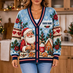 Female model wearing the ice-blue Santa baking cardigan