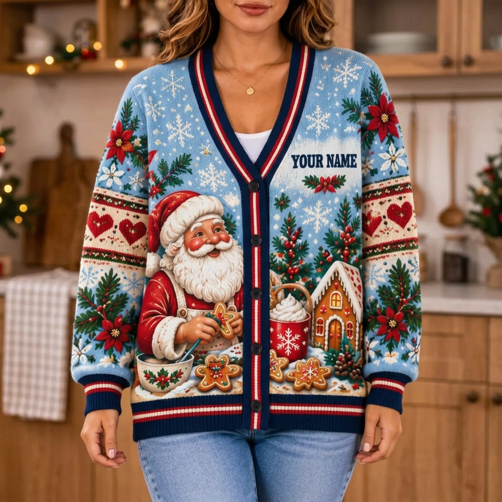 Female model wearing the ice-blue Santa baking cardigan