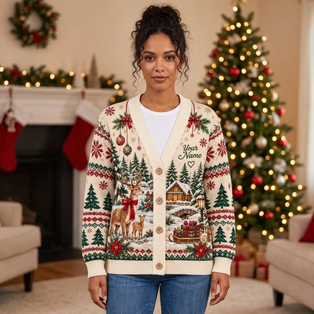 Female model wearing the ivory Christmas cardigan