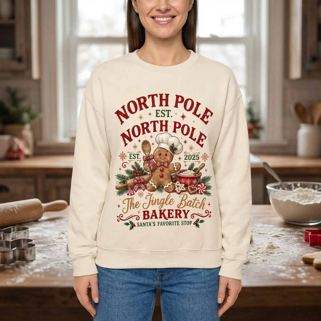 Female model wearing The Jingle Batch Bakery sweatshirt