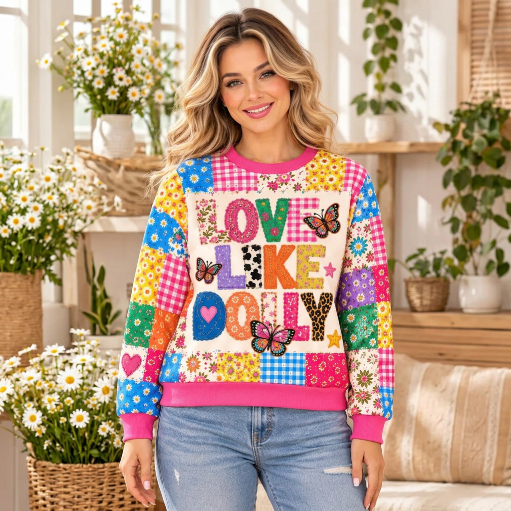 Female model wearing the Love Like Dolly sweatshirt