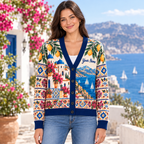 Female model wearing the Mediterranean village cardigan