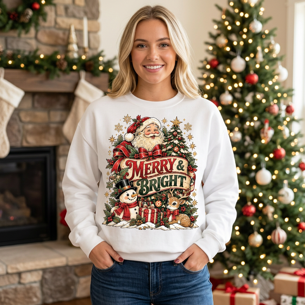 Female model wearing the Merry & Bright sweatshirt