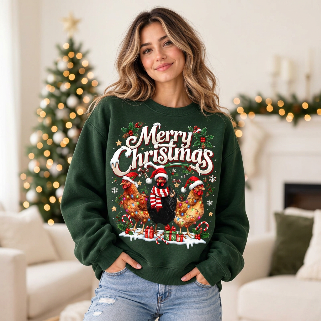Female model wearing the Merry Christmas chicken sweatshirt