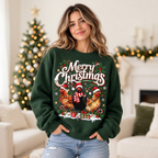 Female model wearing the Merry Christmas chicken sweatshirt