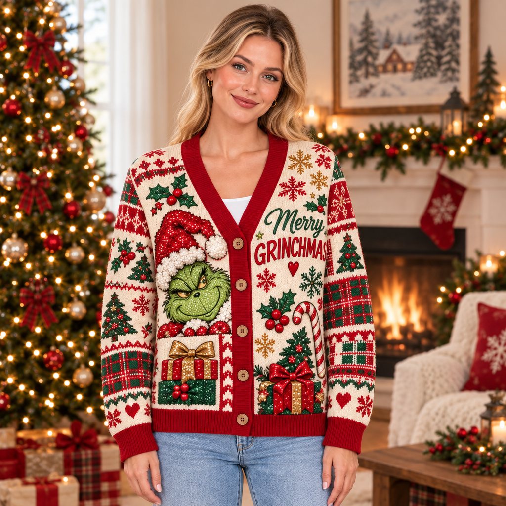 Female model wearing the Merry Grinchmas cardigan