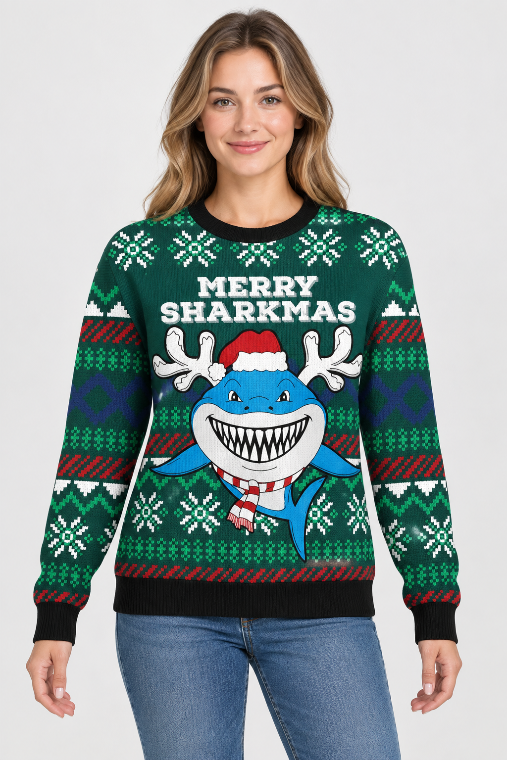 Female model wearing the Merry Sharkmas sweater