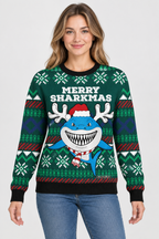 Female model wearing the Merry Sharkmas sweater