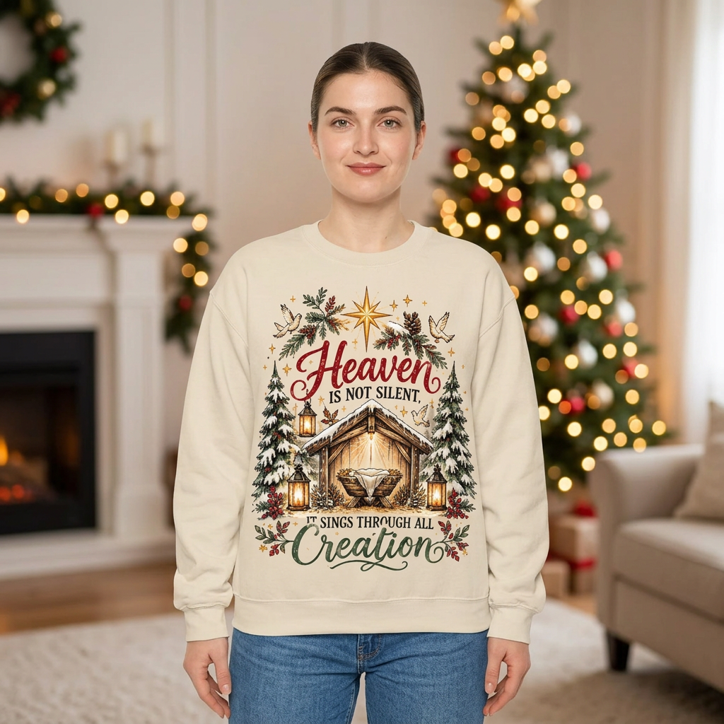 Female model wearing the nativity sweatshirt