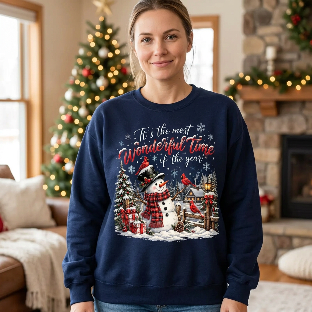 Female model wearing the navy Christmas snowman sweatshirt