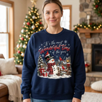 Female model wearing the navy Christmas snowman sweatshirt