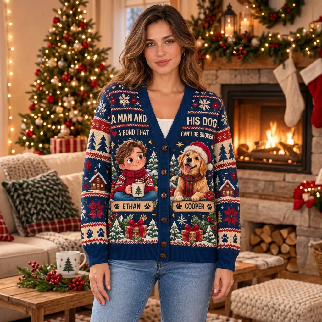 Female model wearing the navy dog-lover Christmas cardigan