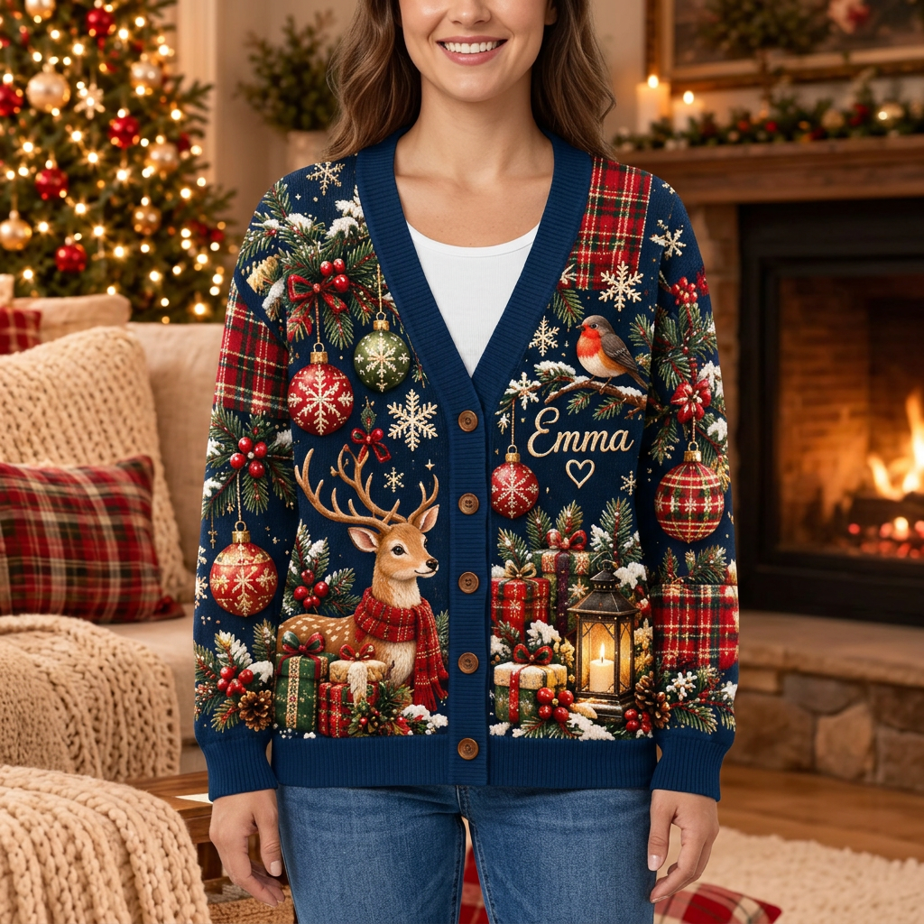 Female model wearing the navy Emma Christmas cardigan