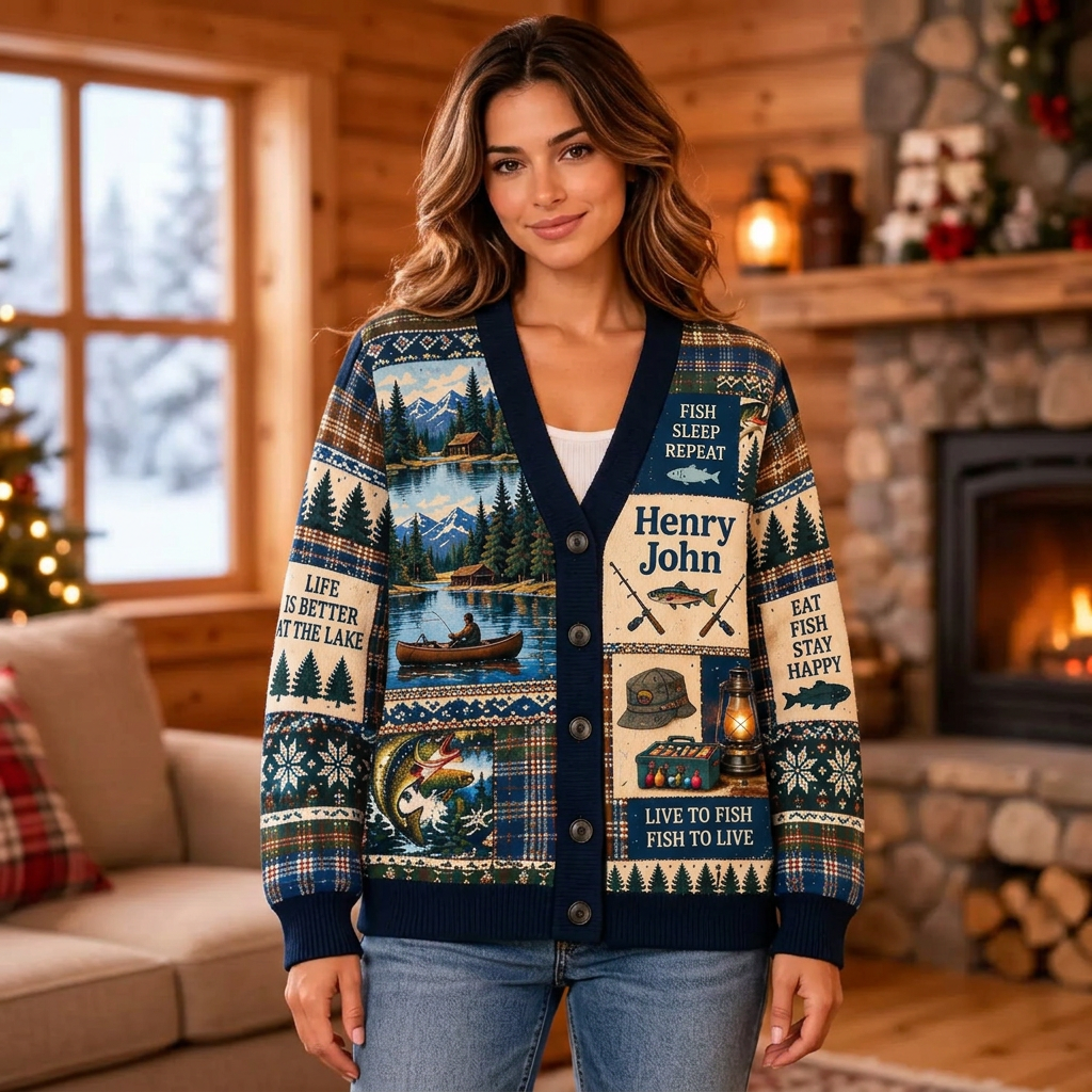 Female model wearing the navy lake-life and fishing cardigan