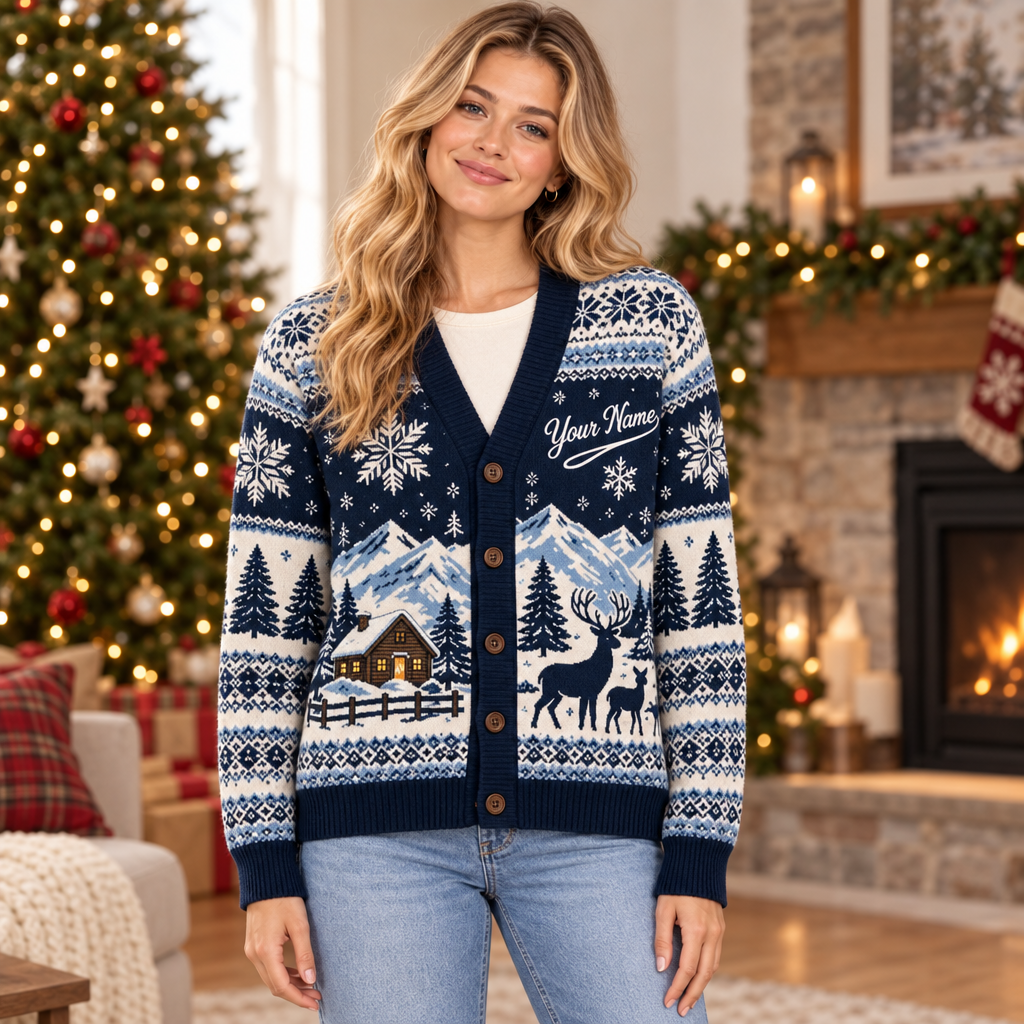 Female model wearing the navy reindeer Christmas cardigan