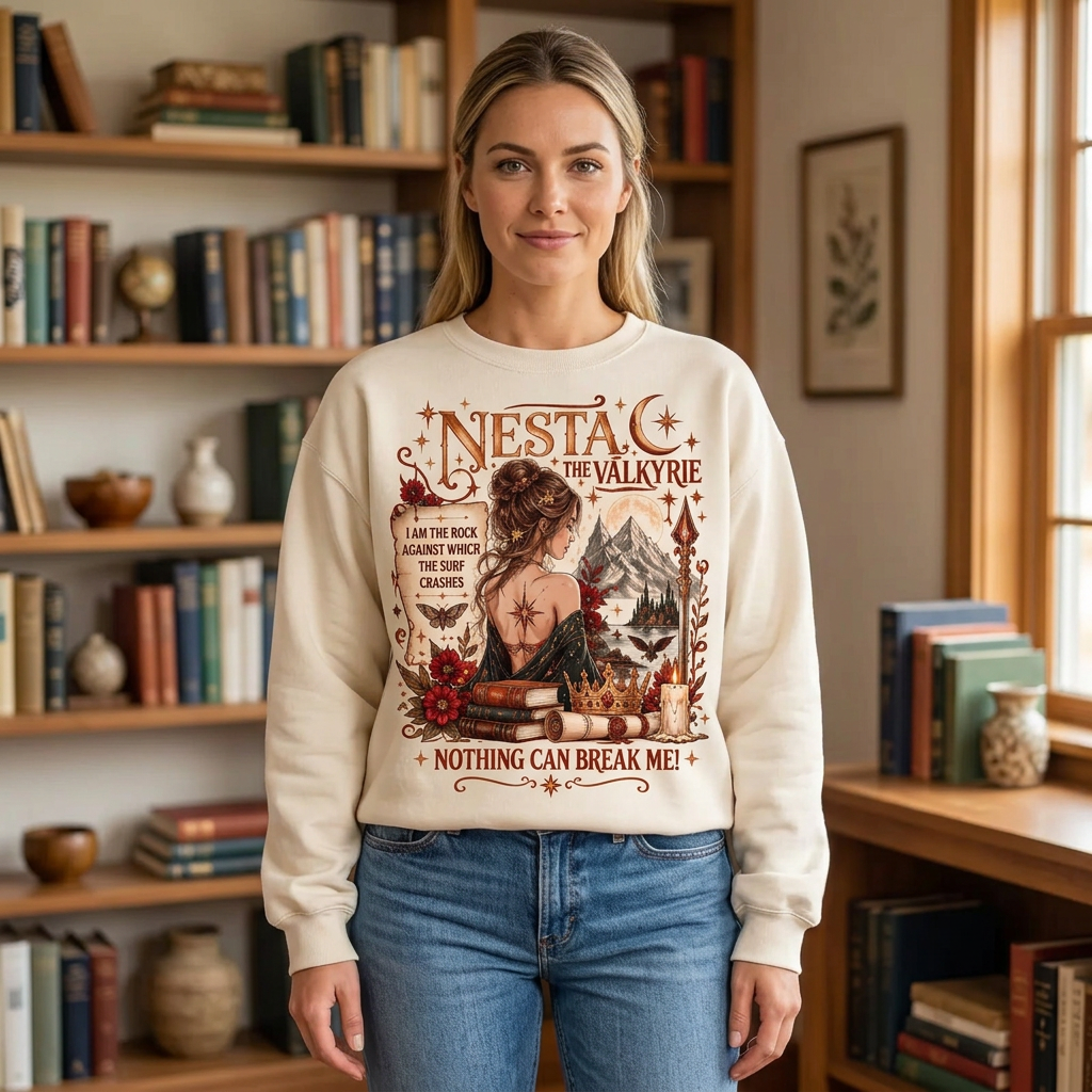 Female model wearing the Nesta Valkyrie sweatshirt