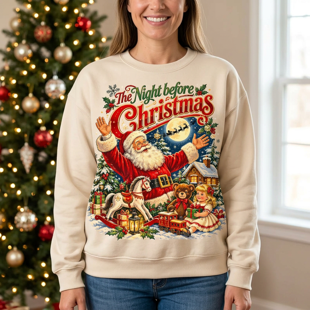 Female model wearing The Night Before Christmas sweatshirt