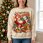 Female model wearing The Night Before Christmas sweatshirt