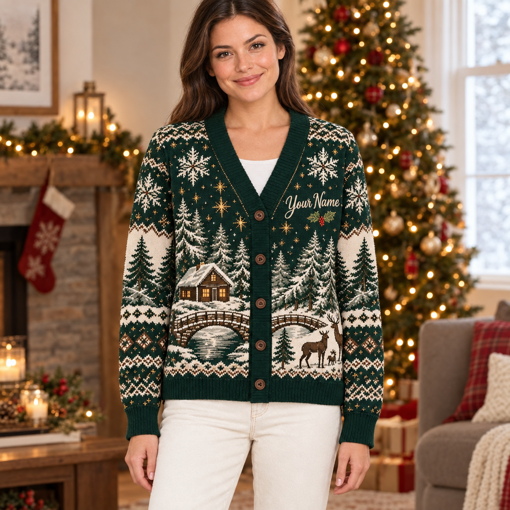 Female model wearing the Nordic holiday cardigan