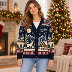 Female model wearing the Nordic snowflake Christmas cardigan