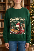 Female model wearing the North Pole Book Club sweatshirt