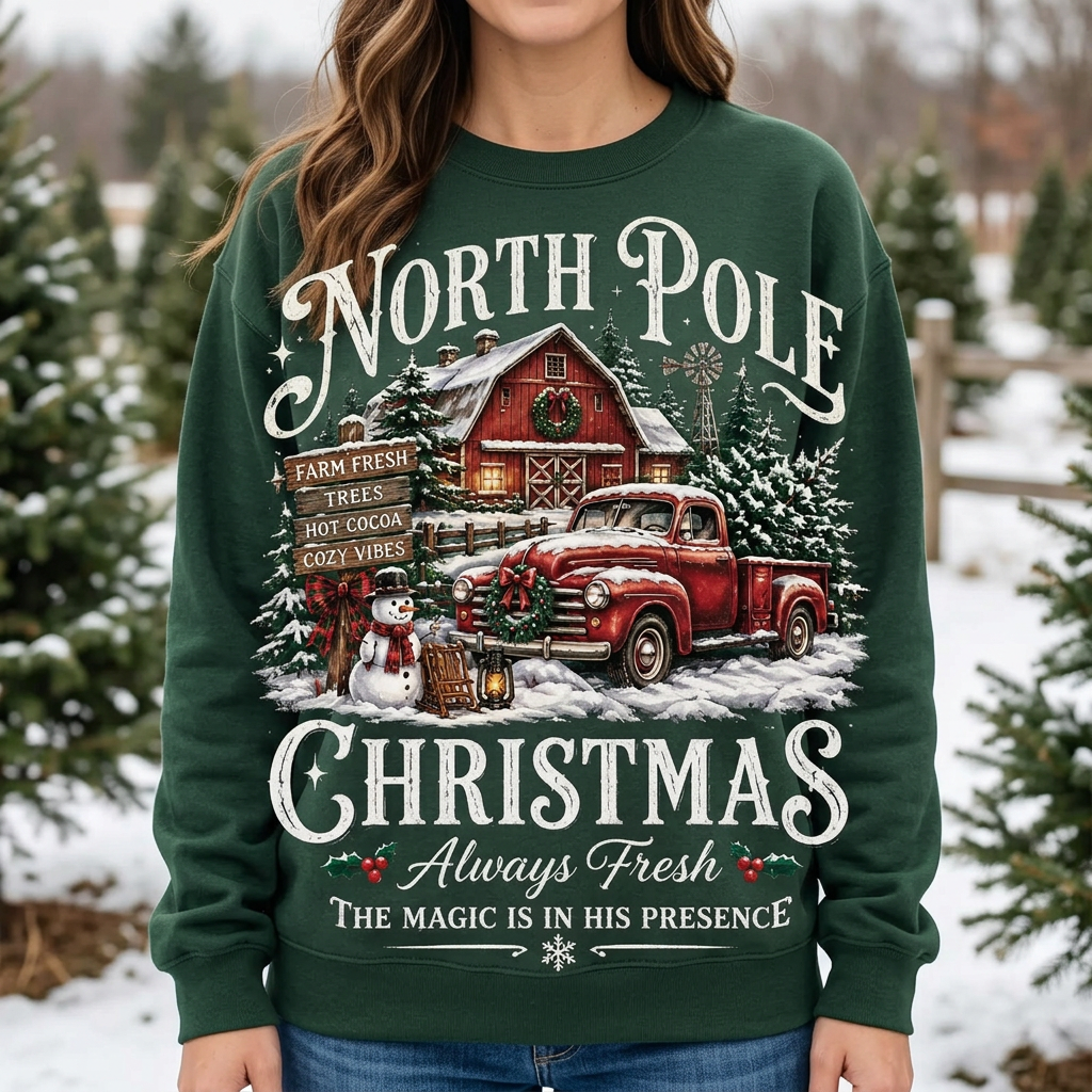 Female model wearing the North Pole Christmas sweatshirt