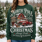 Female model wearing the North Pole Christmas sweatshirt