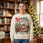 Female model wearing the North Pole Readers Club sweatshirt