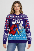 Female model wearing the Not Today Satan sweater
