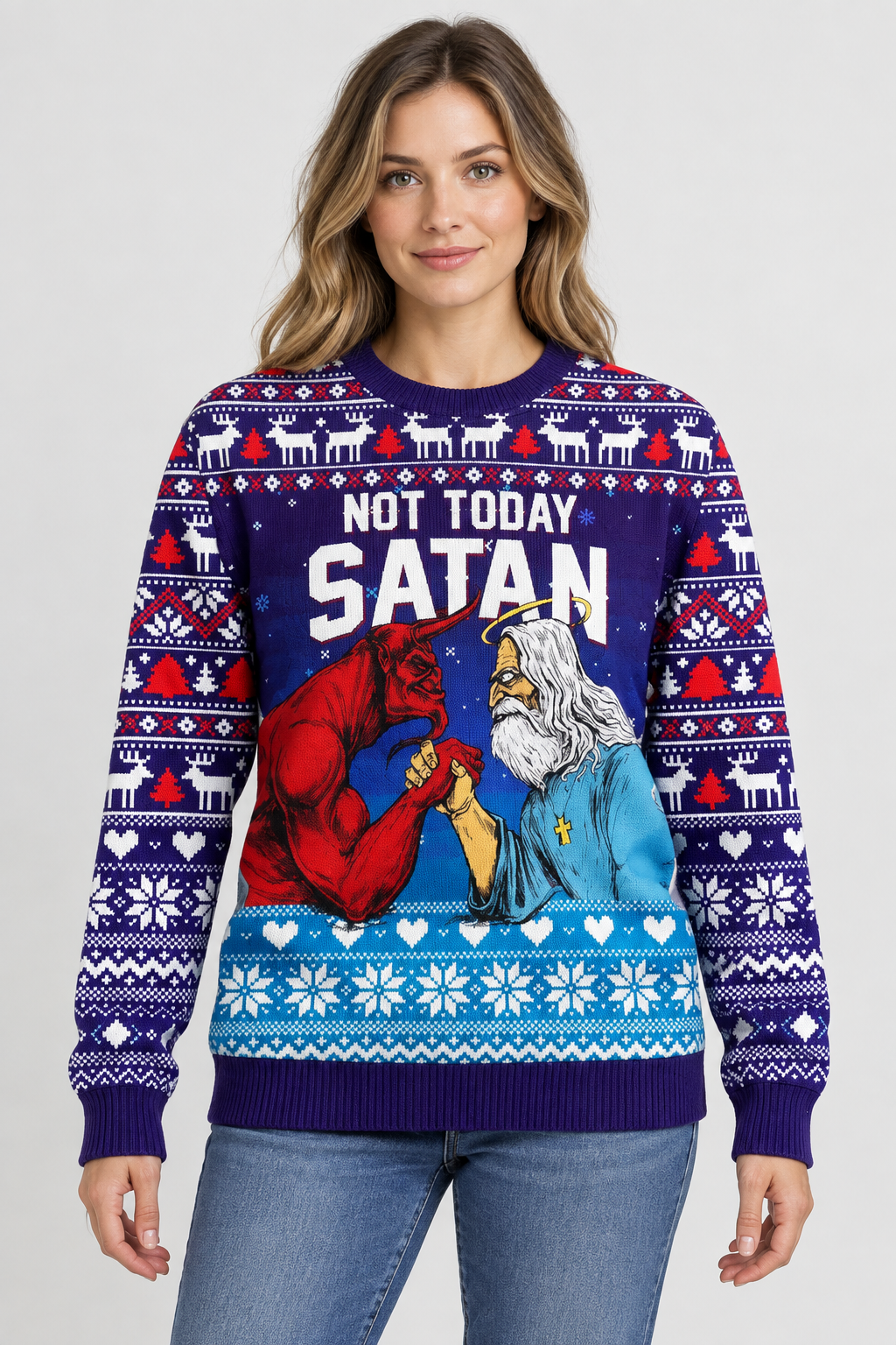 Female model wearing the Not Today Satan sweater