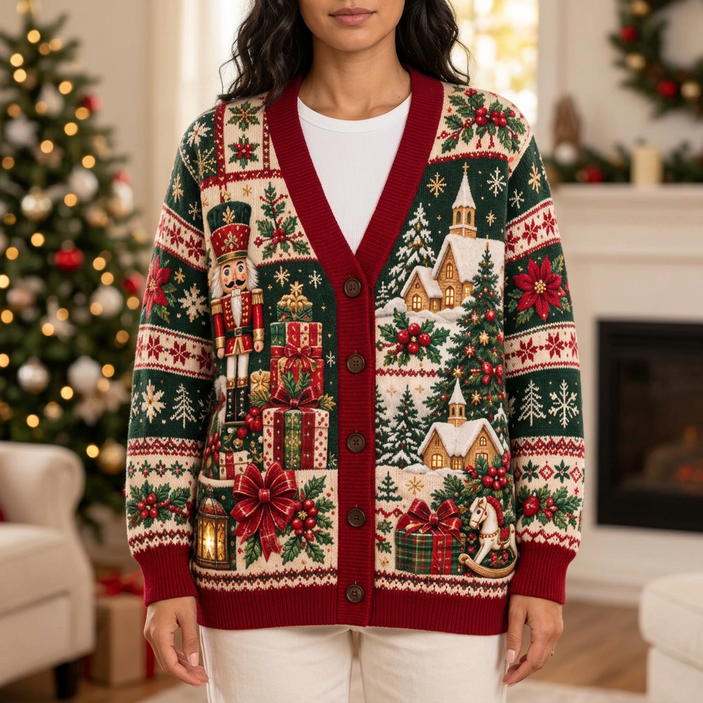 Female model wearing the nutcracker and rocking horse Christmas cardigan