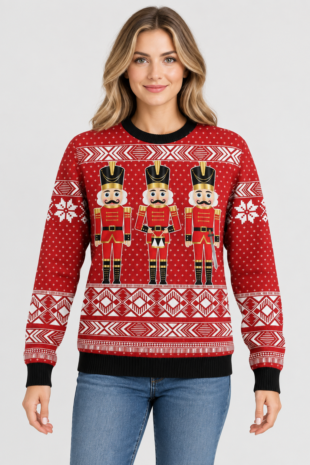 Female model wearing the nutcracker Christmas sweater