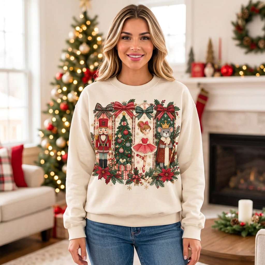 Female model wearing the Nutcracker Christmas sweatshirt