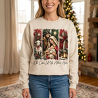 Female model wearing the Oh Come Let Us Adore Him sweatshirt