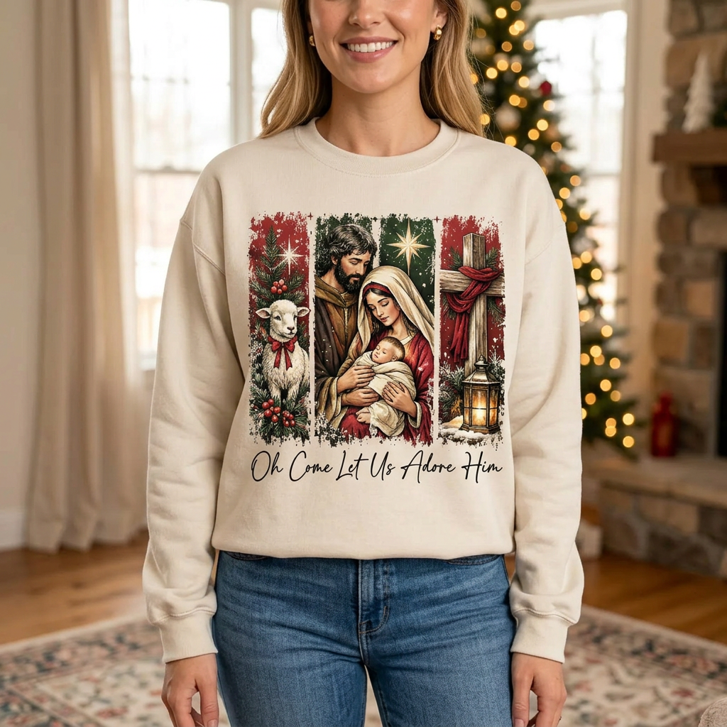 Female model wearing the Oh Come Let Us Adore Him sweatshirt
