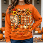 Female model wearing the orange MIMI sweatshirt