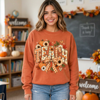 Female model wearing the orange TEACH sweatshirt
