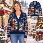 Female model wearing the Parisian winter cardigan