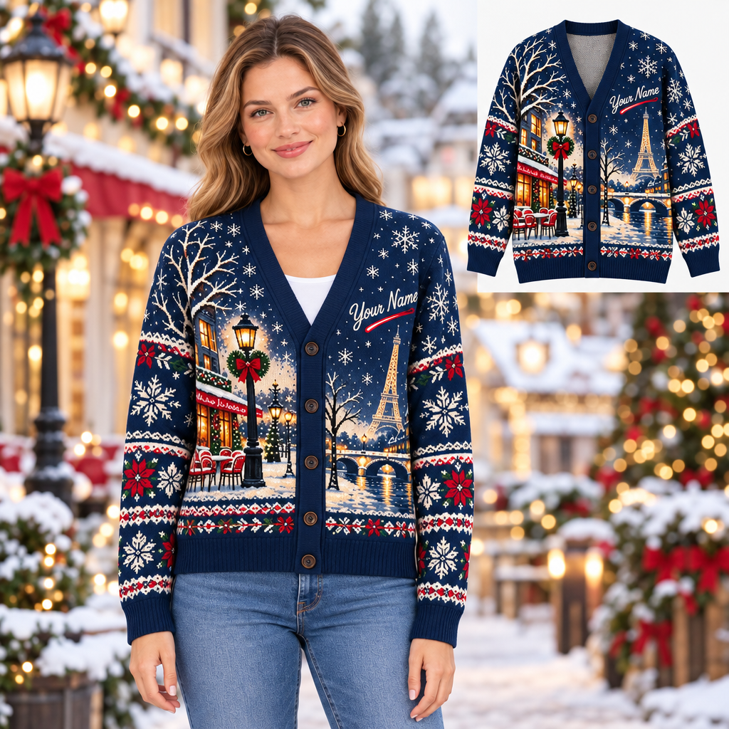 Female model wearing the Parisian winter cardigan