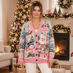 Female model wearing the pastel Christmas cardigan