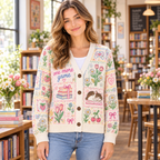 Female model wearing the pastel floral book club cardigan